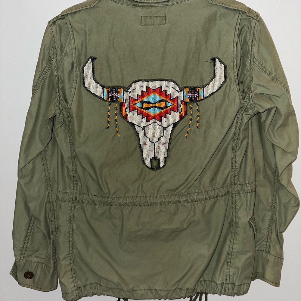 Polo Ralph Lauren Embroidered Olive Green Army Jacket with Bull Skull Design